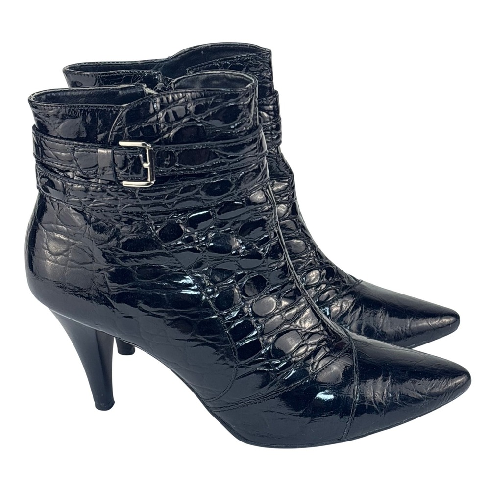 Antonio Melani Stiletto Ankle Boots Black Croc Embossed Women Chic Glam Edgy 7.5